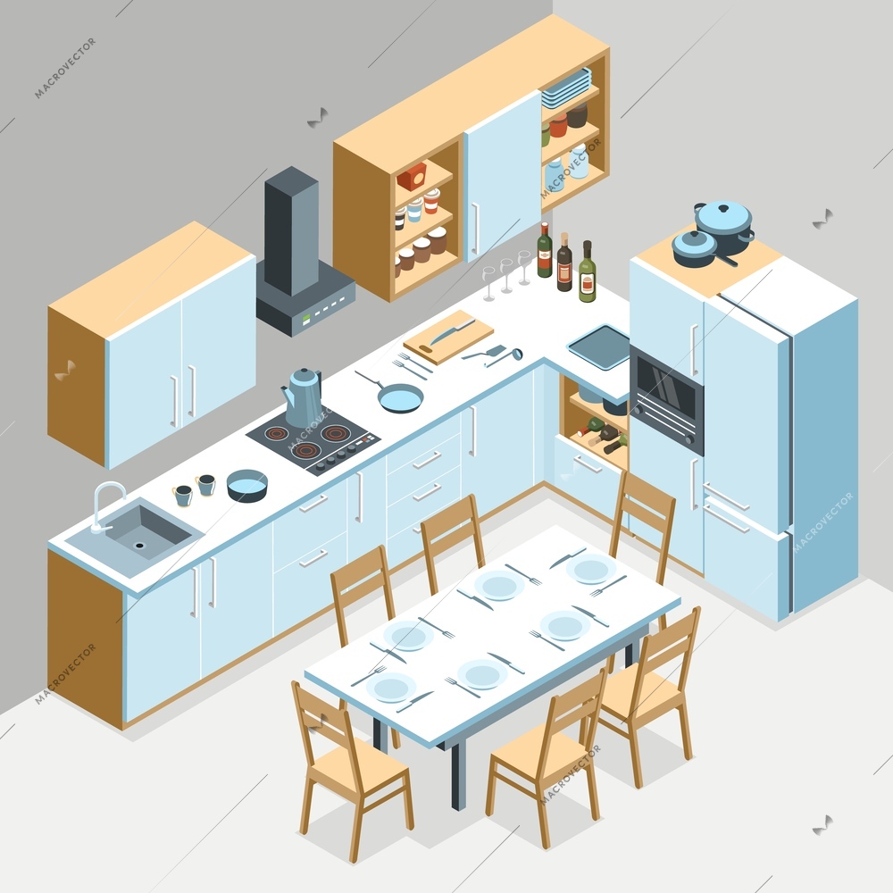 Isometric kitchen interior composition with indoor view of modern kitchen with wooden cabinets and dining table vector illustration