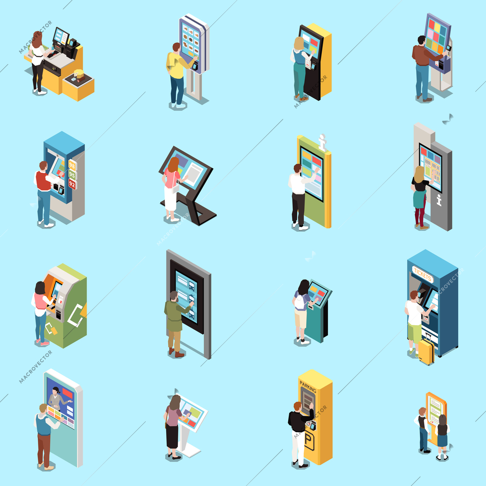 People using various self service checkout terminals and information panels isometric set isolated against blue background vector illustration