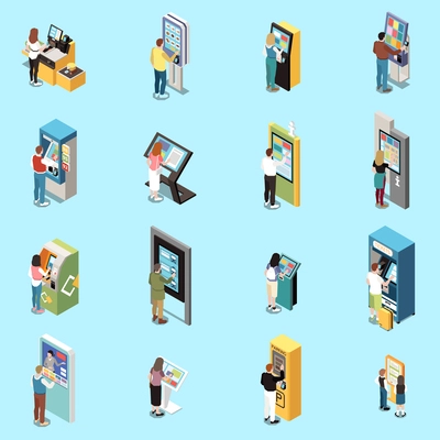 People using various self service checkout terminals and information panels isometric set isolated against blue background vector illustration