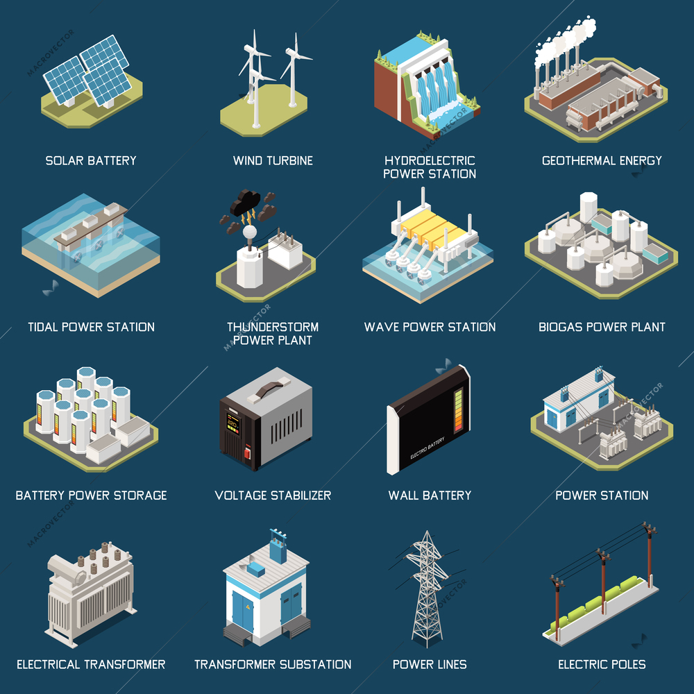 Green energy power generation isometric icons set with solar battery wind turbine power stations isolated on color background 3d vector illustration