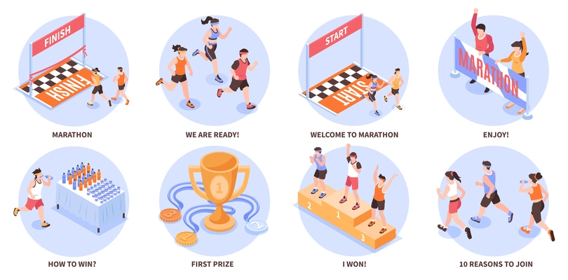 Isometric marathon composition set with running people isolated vector illustration