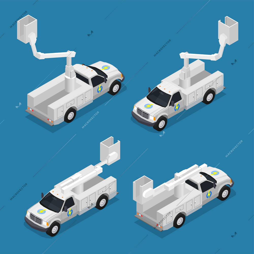 Electrician cars designed for high altitude works isometric icons isolated on blue background isolated vector illustration