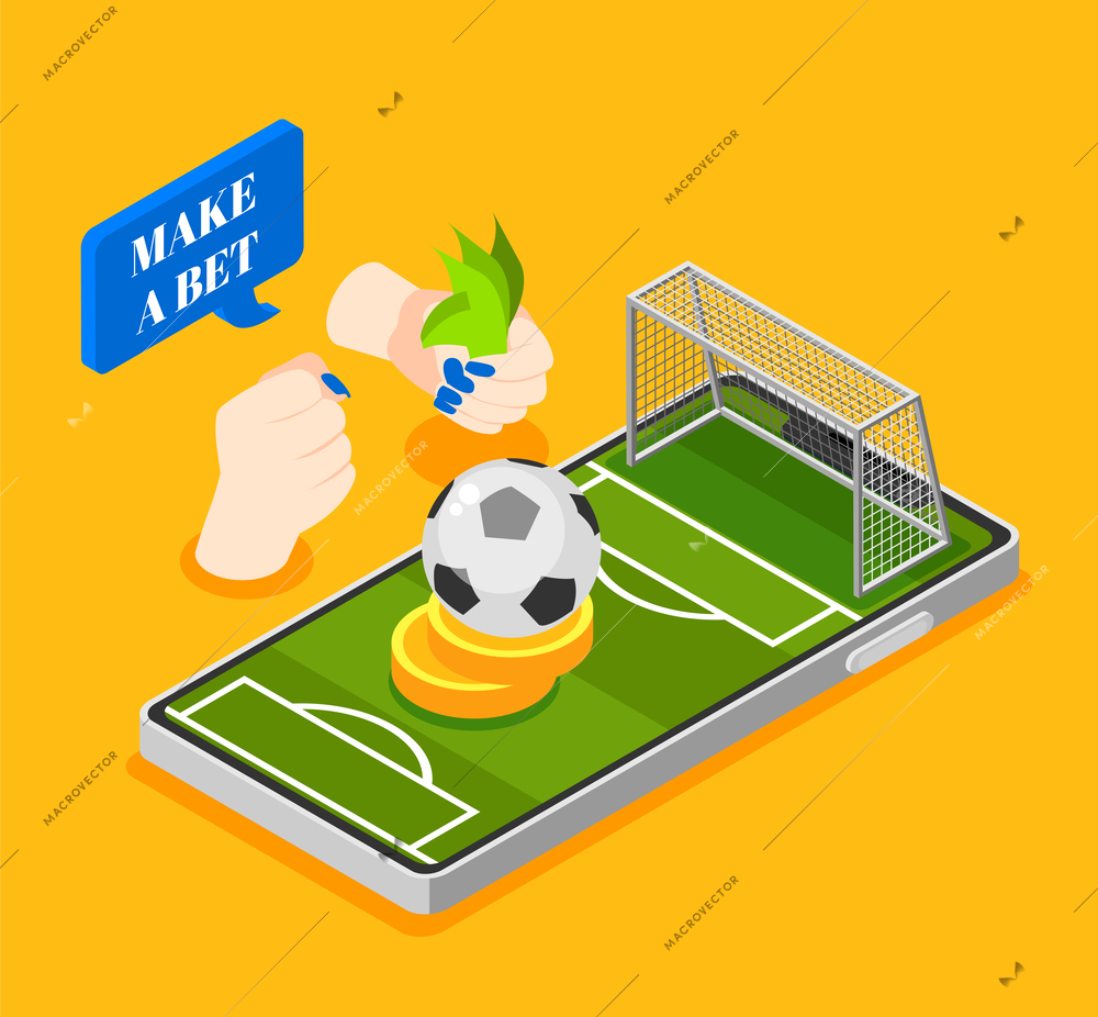 Sports betting isometric background with football field and smartphone vector illustration