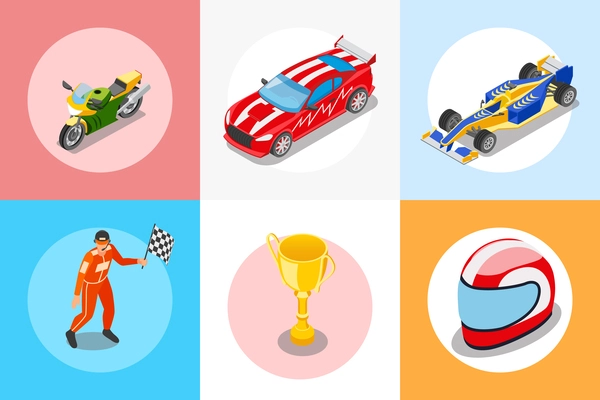 Set with square and round racing isometric compositions with sport cars helmet cup award and driver vector illustration