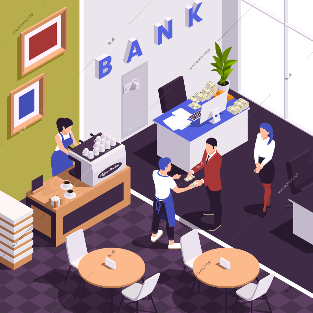 Small family business composition with barista making coffee and receiving money from bank clerks in branch vector illustration