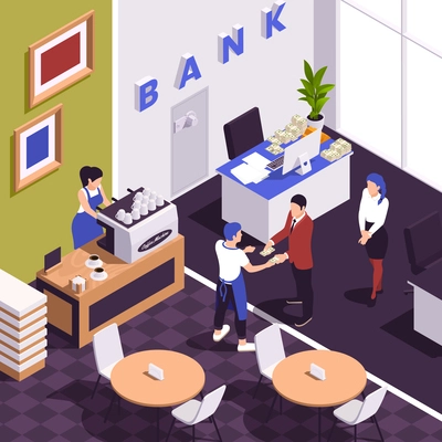 Small family business composition with barista making coffee and receiving money from bank clerks in branch vector illustration