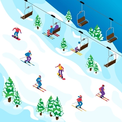 Isometric ski resort concept with sportsmen on the mountain vector illustration