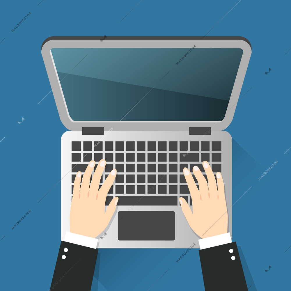 Business hands on notebook computer keyboard with open screen vector illustration