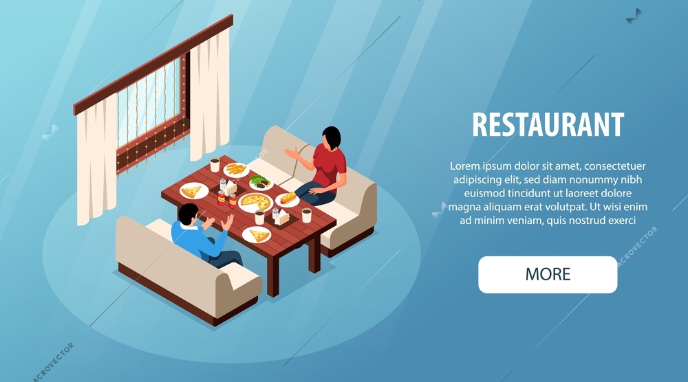 Isometric restaurant concept with man and woman having dinner sitting at wooden table vector illustration