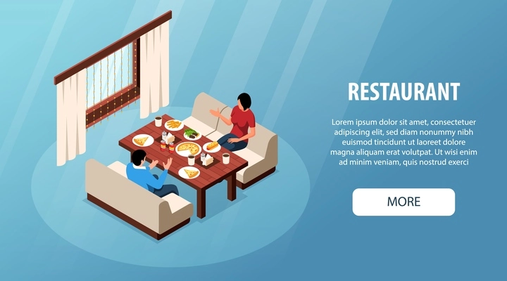 Isometric restaurant concept with man and woman having dinner sitting at wooden table vector illustration