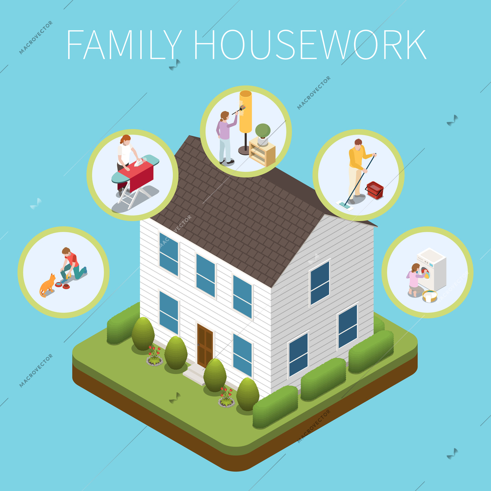 Family housework design concept with modern two storey private cottage and round icons with people performing routine work isometric vector illustration