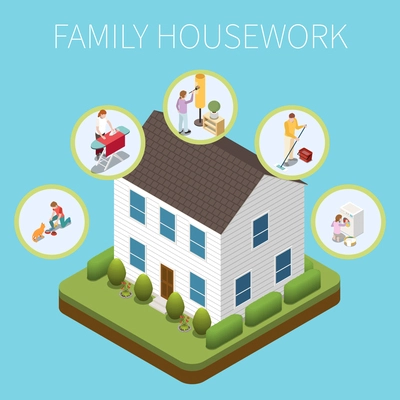 Family housework design concept with modern two storey private cottage and round icons with people performing routine work isometric vector illustration