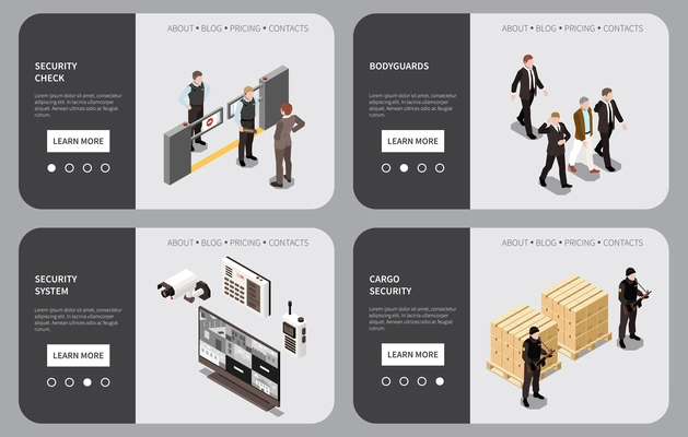 Security service isometric landing pages set with information about video surveillance systems bodyguards work cargo security 3d vector illustration