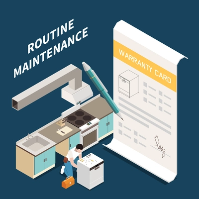 Routine maintenance isometric background with master character repairing dishwasher and big sheet of warranty card vector illustration