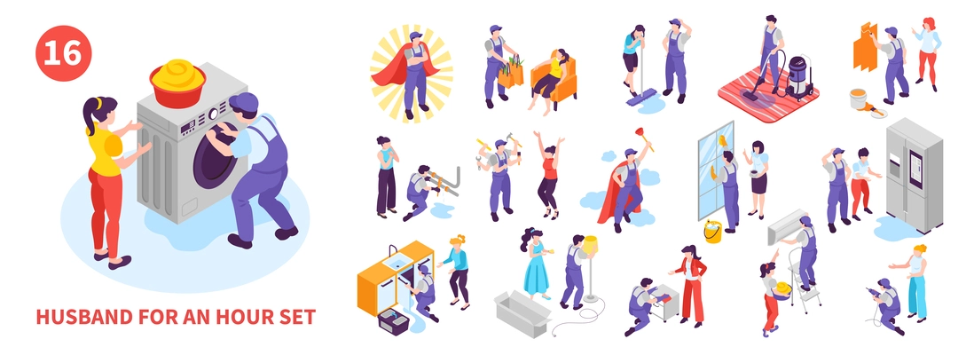 Husband for an hour isometric icons set with repair professionals isolated vector illustration