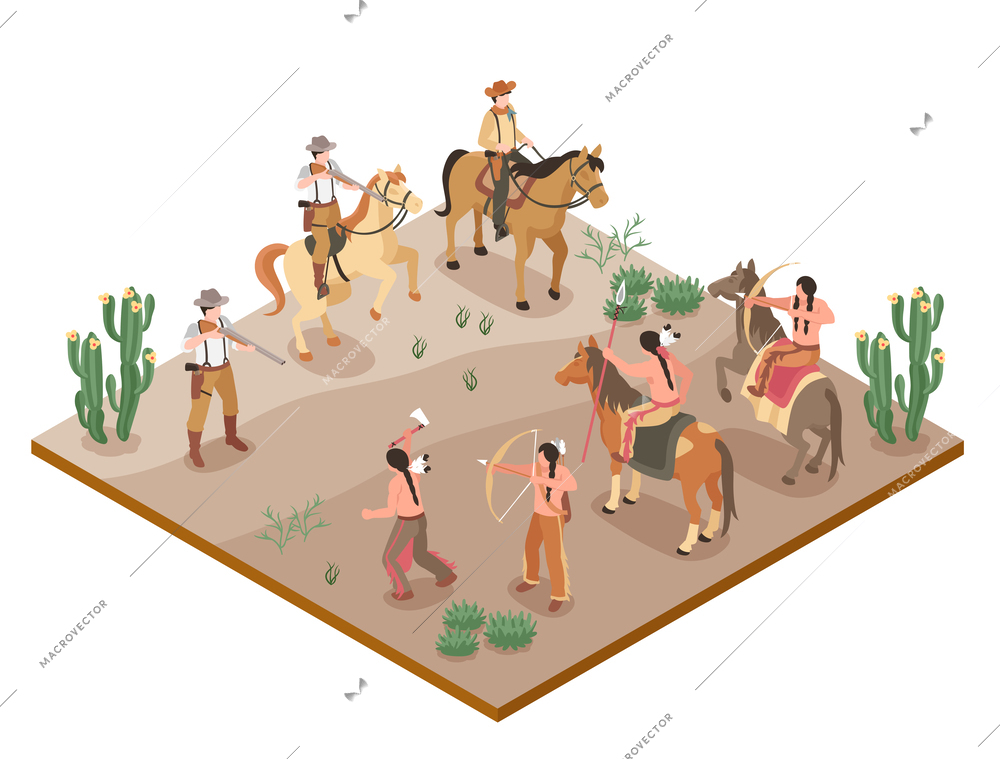 Wild west isometric composition with cowboys and native american indians in plains vector illustration