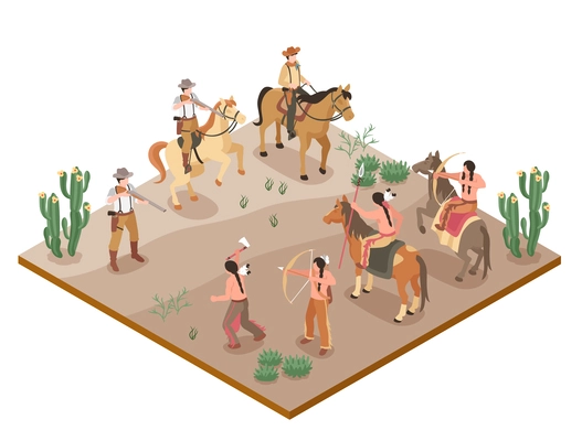 Wild west isometric composition with cowboys and native american indians in plains vector illustration