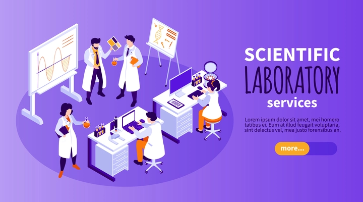 Isometric scientific laboratory banner with lab workers making researches vector illustration