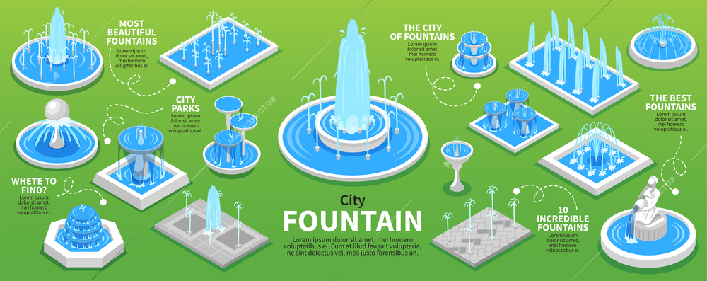 Isometric park fountain infographics with city water decoration elements vector illustration