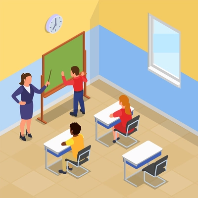 Back to school isometric composition with indoor view of classroom with set of pupils at desks vector illustration