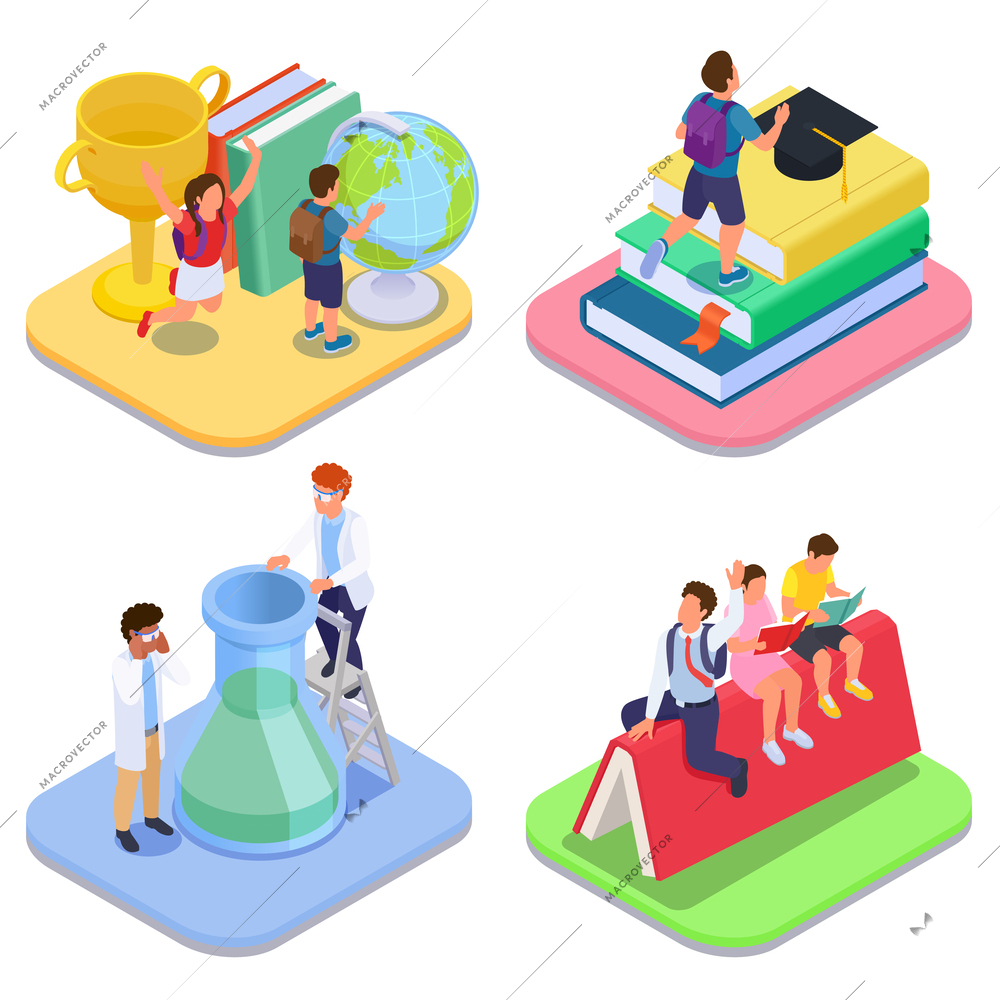 Set of four isolated back to school compositions with isometric icons of stationery items and people vector illustration