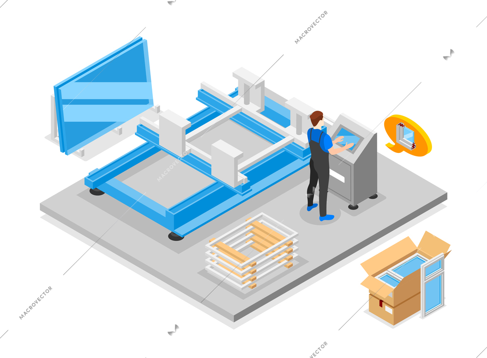 Plastic windows isometric composition with pvc profile production equipment vector illustration