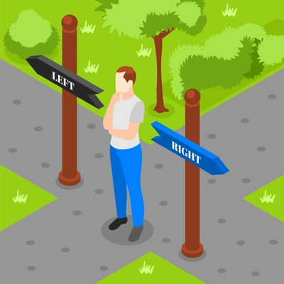 Decision making isometric concept with man standing on park crossroad vector illustration