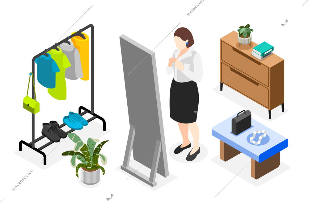 People morning routine isometric icons set with women dressing up in her room vector illustration