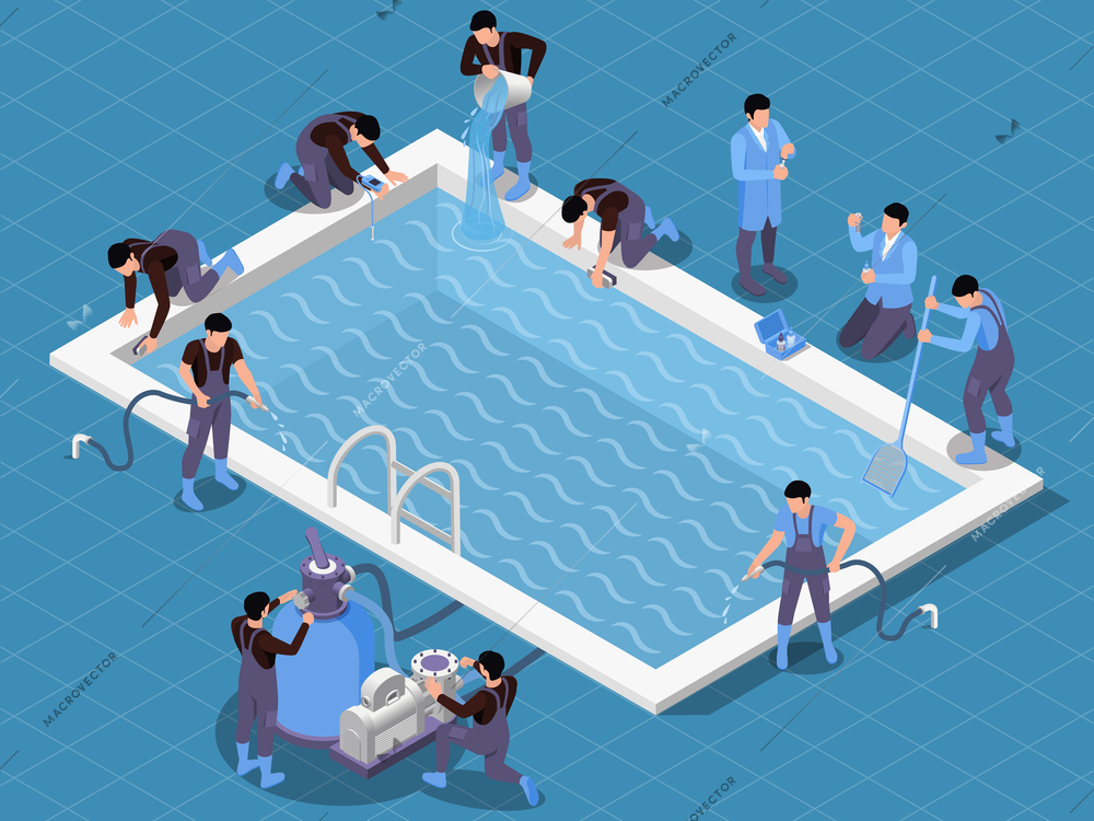 Swimming pool maintenance service isometric composition with rectangular pool surrounded by workers in uniform with tools vector illustration