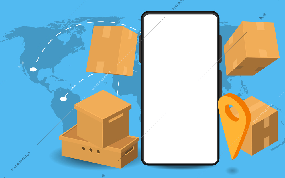 Boxes 3d composition with world map background dashed routes parcel boxes and smartphone with blank screen vector illustration