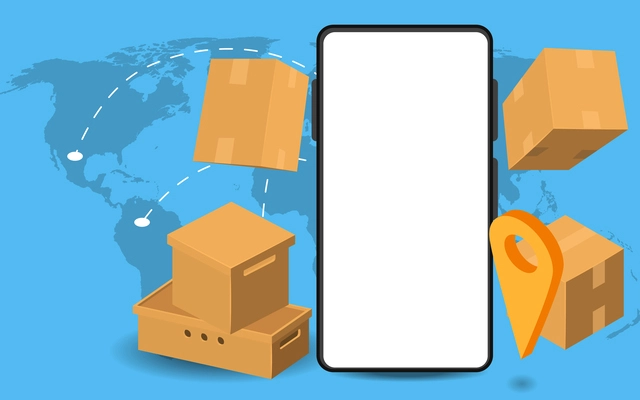 Boxes 3d composition with world map background dashed routes parcel boxes and smartphone with blank screen vector illustration