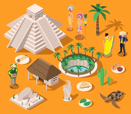 Yucatan travel isometric composition with set of isolated traditional symbols people wearing national clothes and landmarks vector illustration