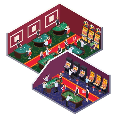 Casino isometric composition with set of two casino rooms with dealers at tables and slot machines vector illustration