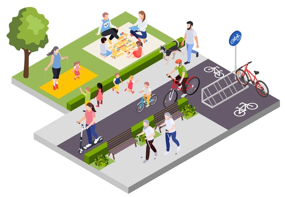 Regular sport physical activity people isometric composition with people relaxing and practicing on lawn and pavement vector illustration