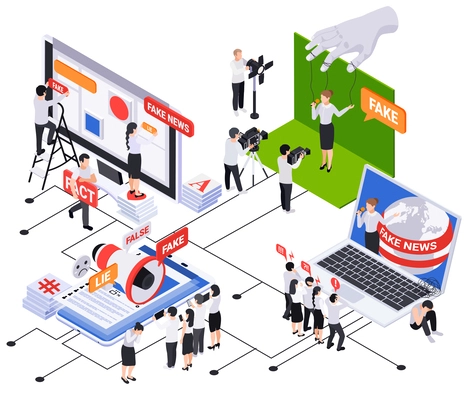 Fake news disinformation propaganda isometric composition with flowchart of media world human characters and electronic devices vector illustration