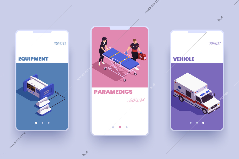 Ambulance mobile app isometric background with three smartphone screens with information about first aid vehicle equipment and paramedics staff vector illustration