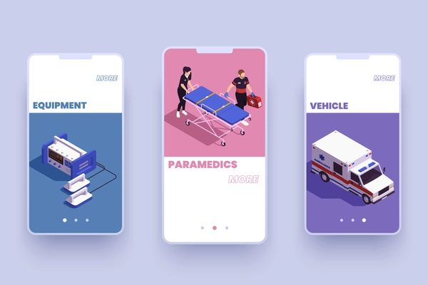 Ambulance mobile app isometric background with three smartphone screens with information about first aid vehicle equipment and paramedics staff vector illustration