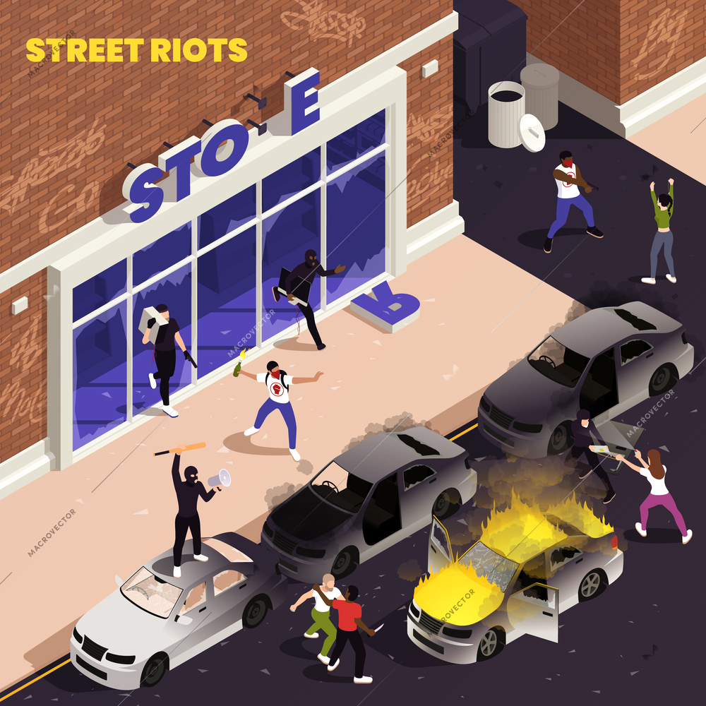 Violent protest isometric background with youth males holding bat and molotov cocktail fighting with policy vector illustration