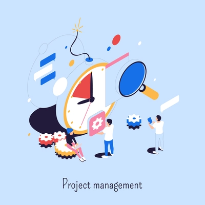 Project management abstract concept consisting of magnifier clock gears people communication isometric icons vector illustration