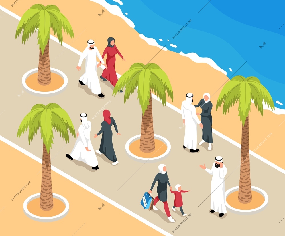 Isometric arab composition with outdoor view of tropical embankment with modern muslim people beyond palm trees vector illustration