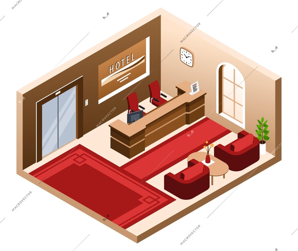 Isometric hotel lobby isolated composition with interior view of reception desk with couches and red carpet vector illustration