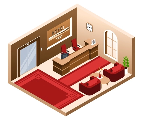 Isometric hotel lobby isolated composition with interior view of reception desk with couches and red carpet vector illustration