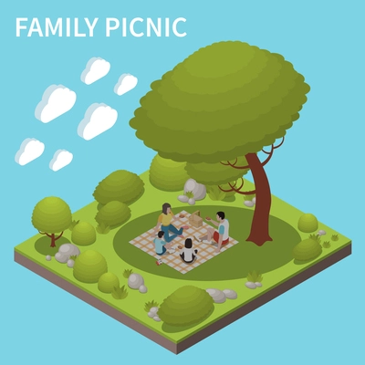 Family picnic outdoor isometric background with happy adults and children characters having snack on lawn under tree vector illustration