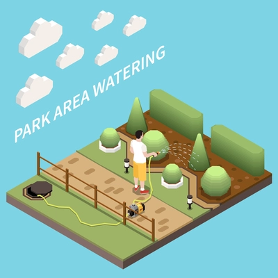 Irrigation systems isometric background with man character watering park area using garden pump vector illustration