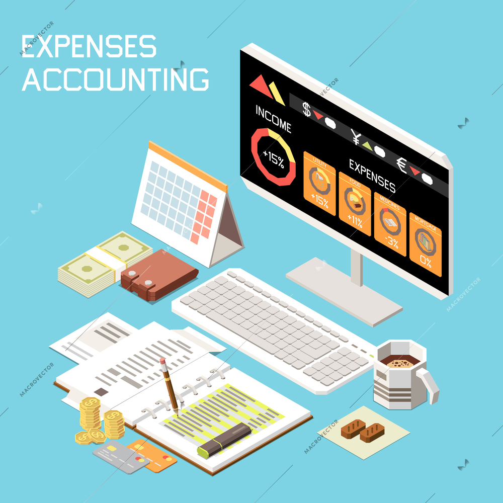 Online mobile banking services isometric composition illustrated computer screen with app showing expenses and income accounting vector illustration