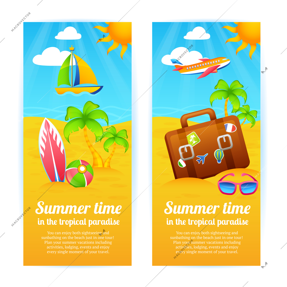 Summer time tropical paradise vacation vertical banners set isolated vector illustration