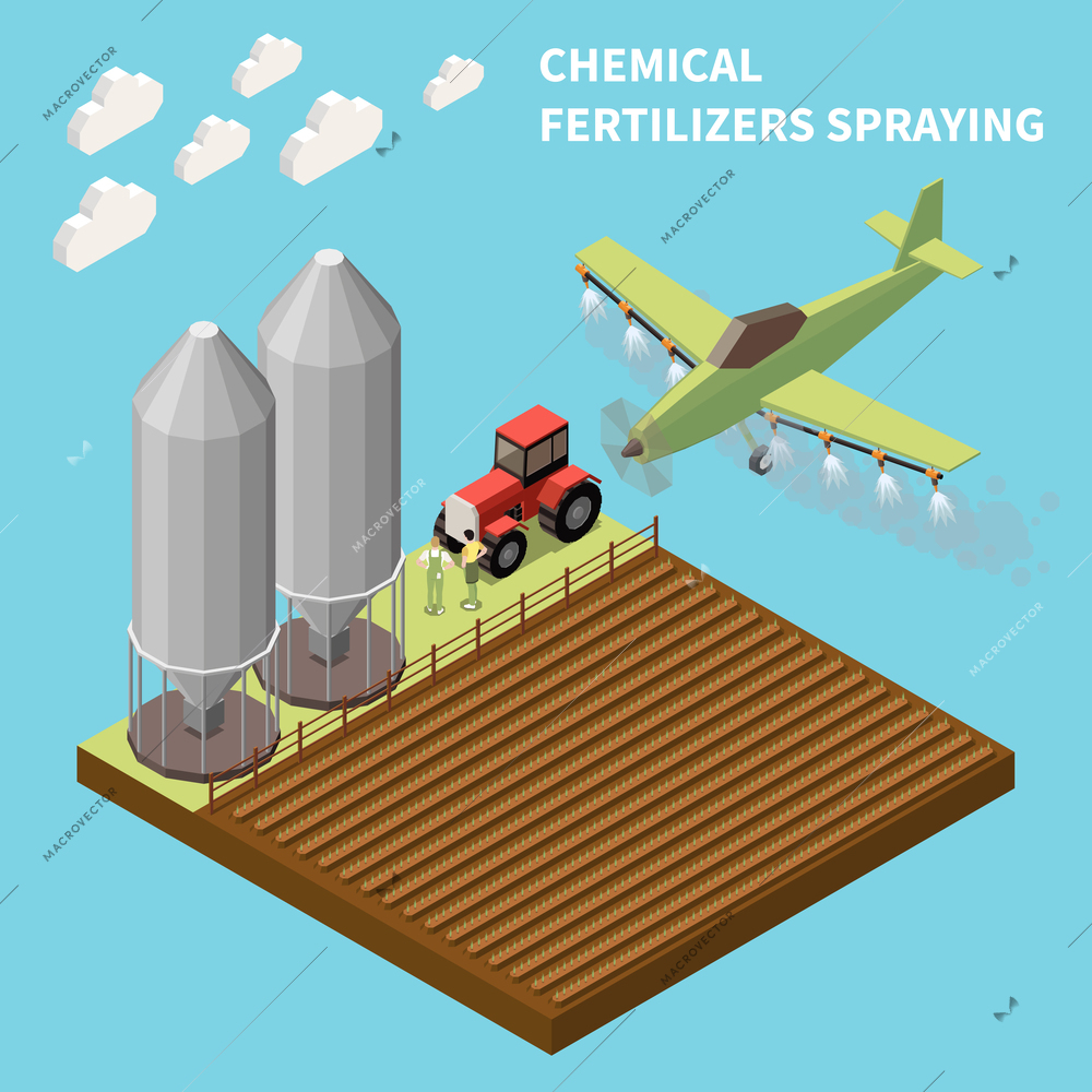 Wheat grain industry isometric background depicting chemical fertilizers spraying with airplane vector illustration