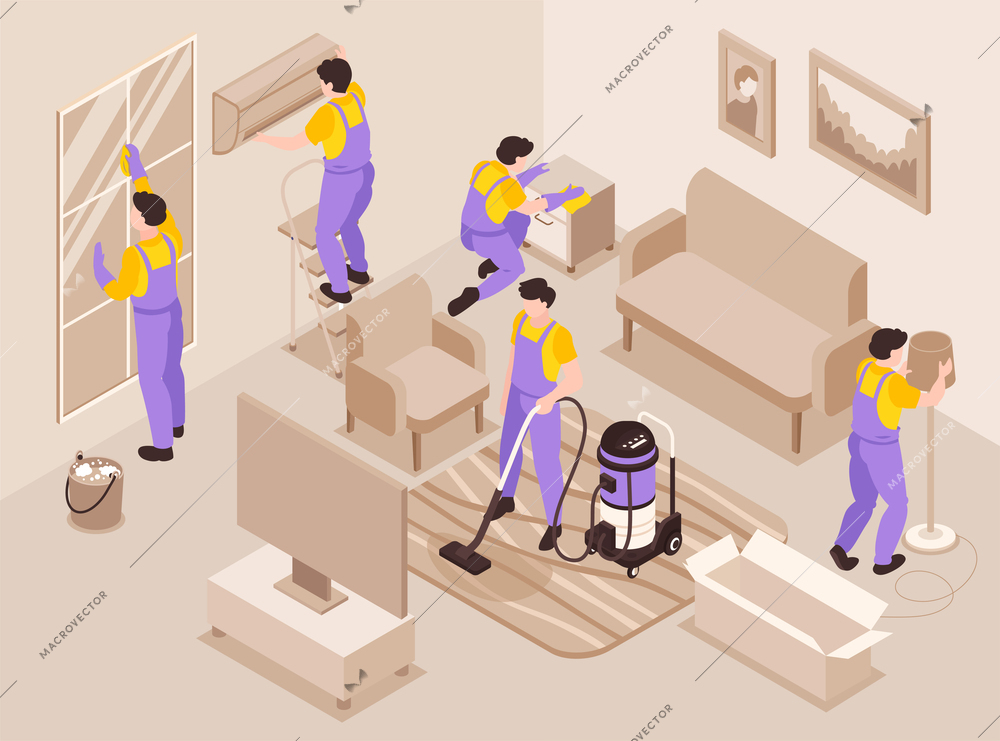 Isometric husband for hour background with men doing repairs and housework in living room 3d vector illustration