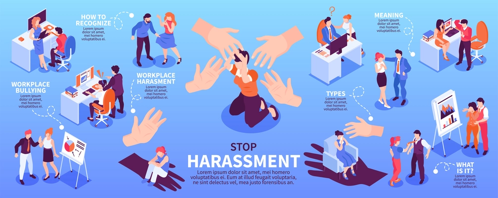 Isometric horizontal infographics describing sexual harassment and bullying in workplace with women and men behaving inappropriately 3d vector illustration