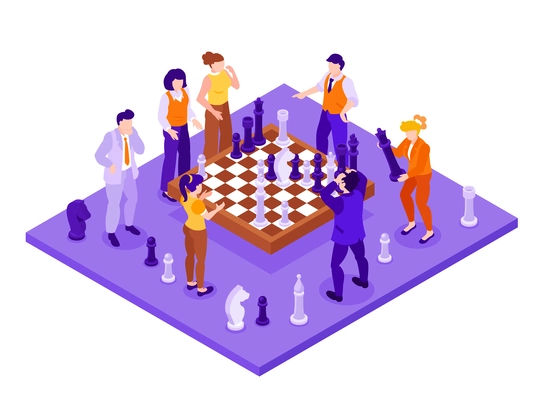 Business strategy successful teamwork brainstorming isometric concept with businessmen and women around chess board 3d isolated vector illustration